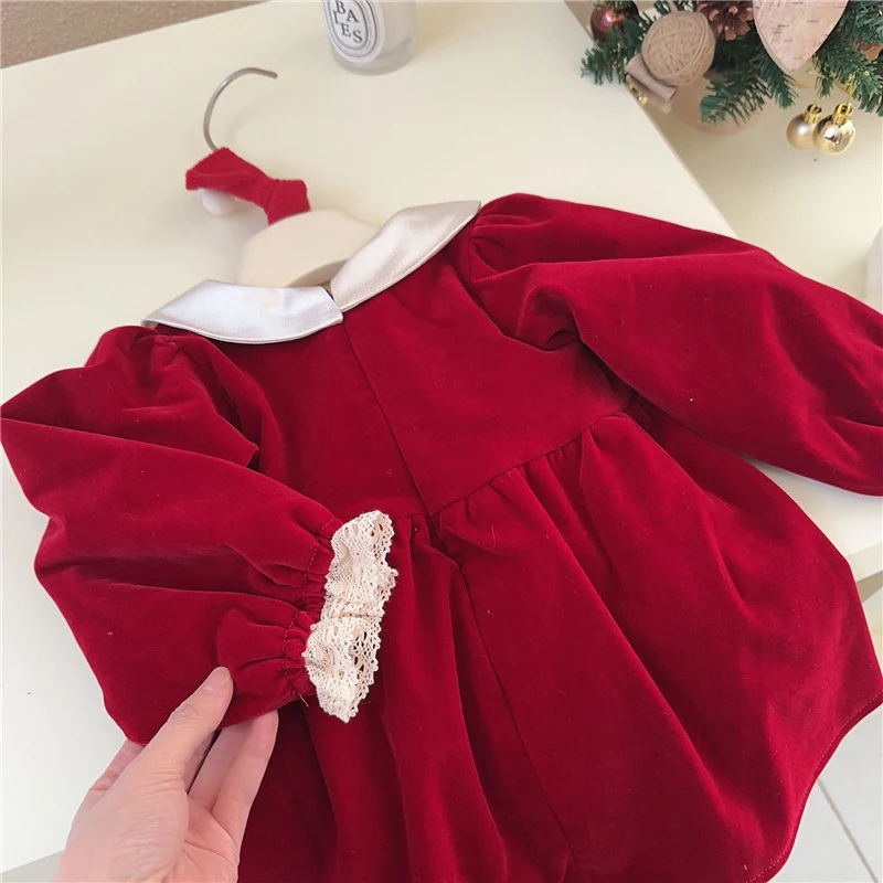 Girl\'s Red Velvet Dress Autumn Winter Thickened Baby Girls Doll Collar A-line Princess Dress Sweet One Year Old Birthday Dresses