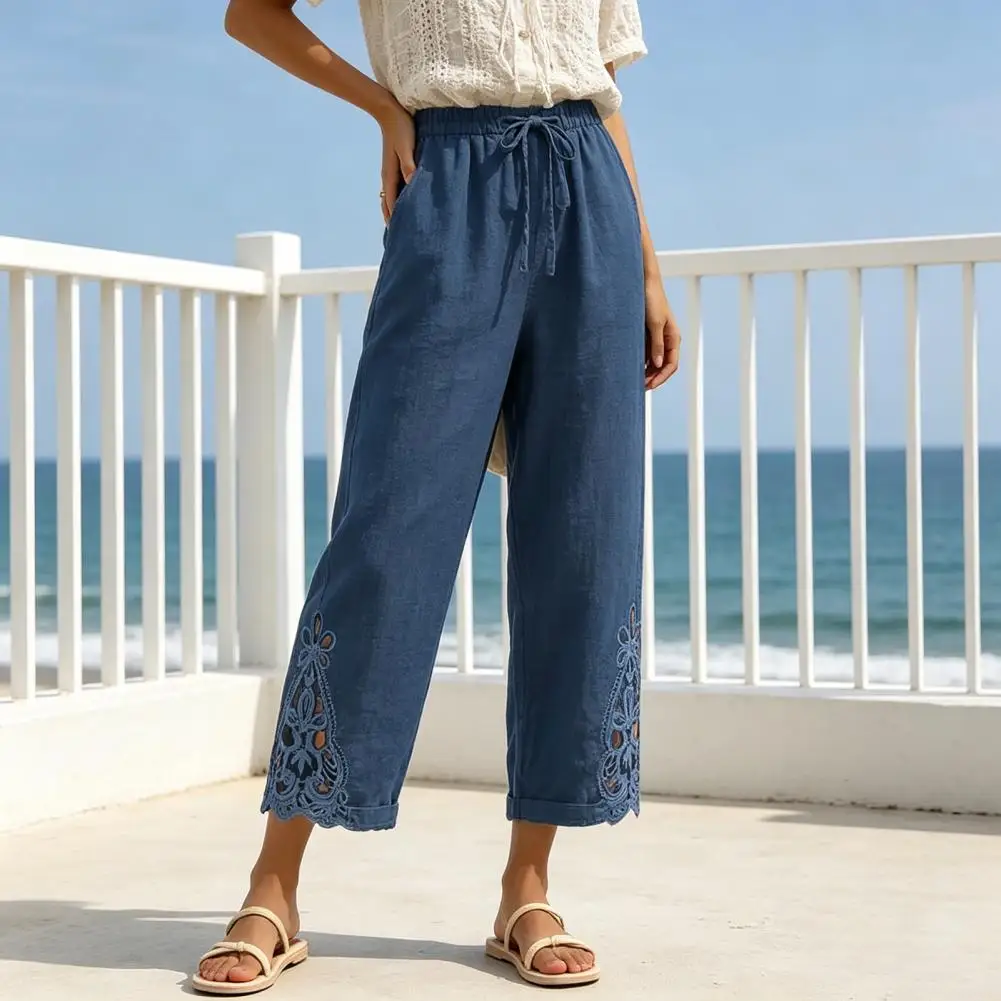 Summer Women Pants, Drawstring Adjustable Waistband High Waist Pants, Pure Color Loose Casual Trousers for Travel Work School