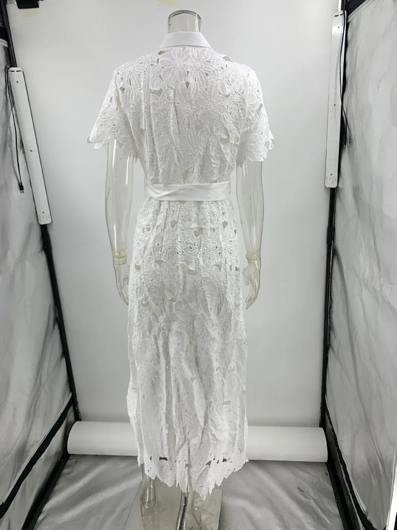 2025 verano Floral ahueca hacia fuera el vestido largo ocasional de vacaciones con fajas mujeres solapa camisa de manga corta vestido largo ropa de calle Casual