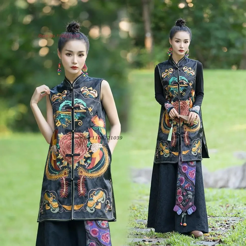 

2024 national flower embroidery ethnic vest chinese vintage satin jacquard gilet mid-length oriental waistcoat tang suit vest