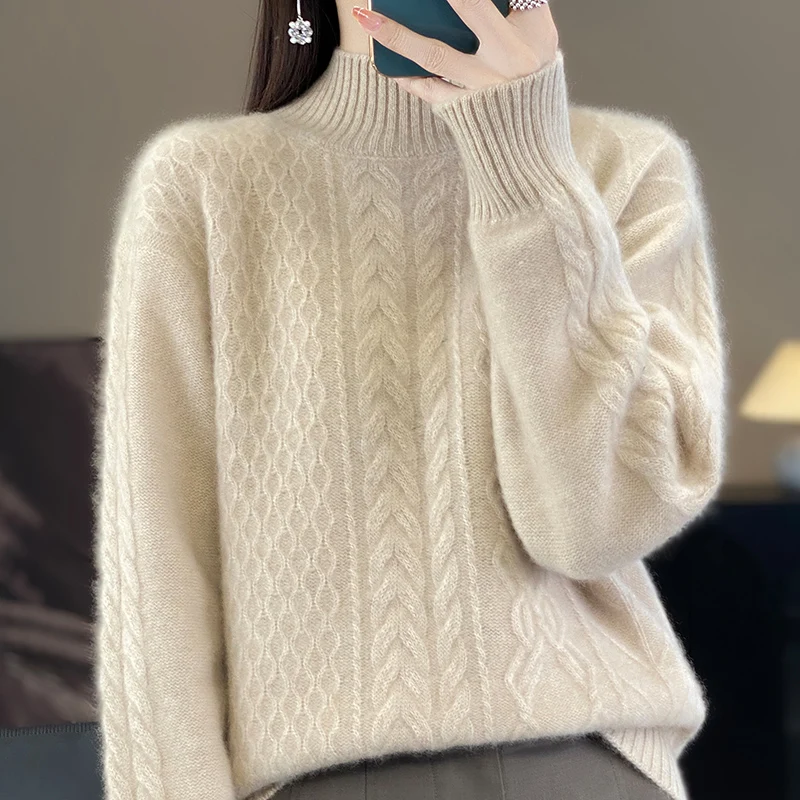 Pure Wool Mock Neck Jacquard Pullover Women's 100% Merino Wool Padded Sweater  Autumn Winter Warm Women's Clothes