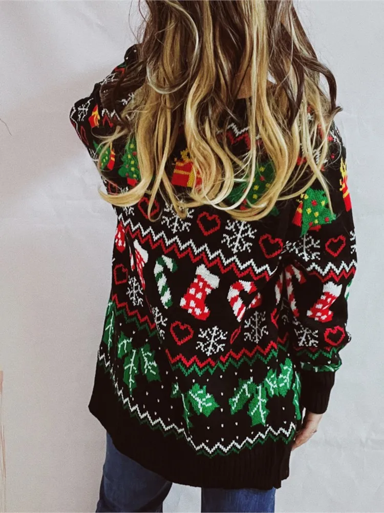 Осень-зима 2022, новый свитер с длинными рукавами, однобортный однобортный свитер с v-образным вырезом, рождественская тема, универсальный вязаный кардиган, женский свитер