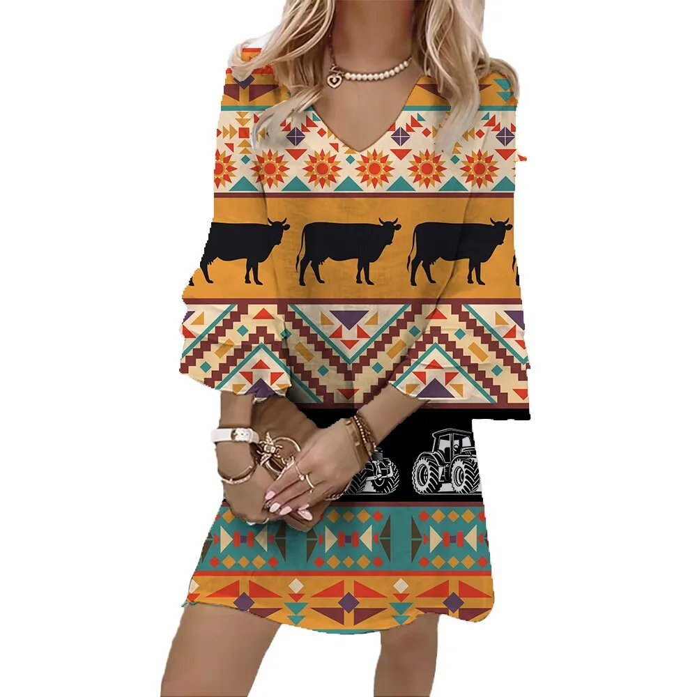 

Jumeast Cattle Women Casual Flared Sleeve V-Neck Dress Vintage Tractor Pattern Elegant Brahman Skirt Tropical National Clothing