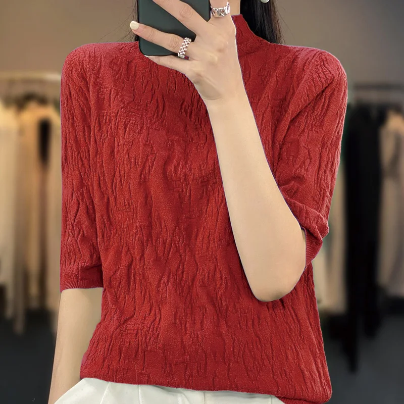 Spring and Summer2023 New Women\'s Half-high collar Short-Sleeved Exquisite Cashmere Sweater Pullover