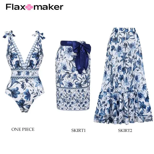 FLAXMAKER Sznurowany strój kąpielowy z falbaną i dekoltem w kształcie litery V oraz Sarong Damskie stroje kąpielowe Push Up Strój kąpielowy Monokini