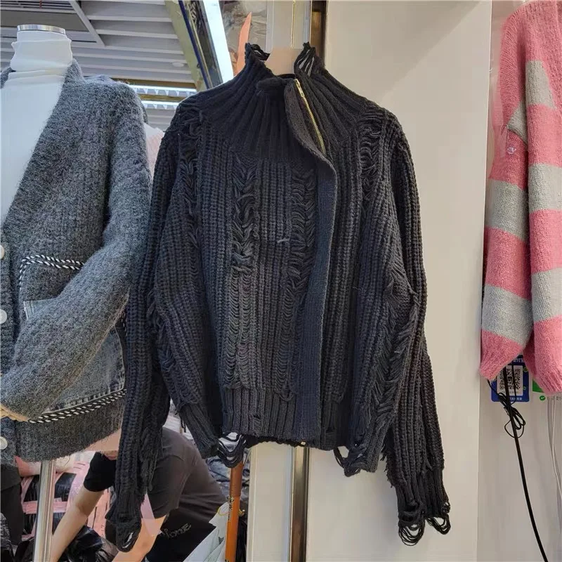 Cappotto maglione strappato con nappe asimmetriche moda coreana femminile 2023 autunno inverno dolcevita con Zip maglione lavorato a maglia marea