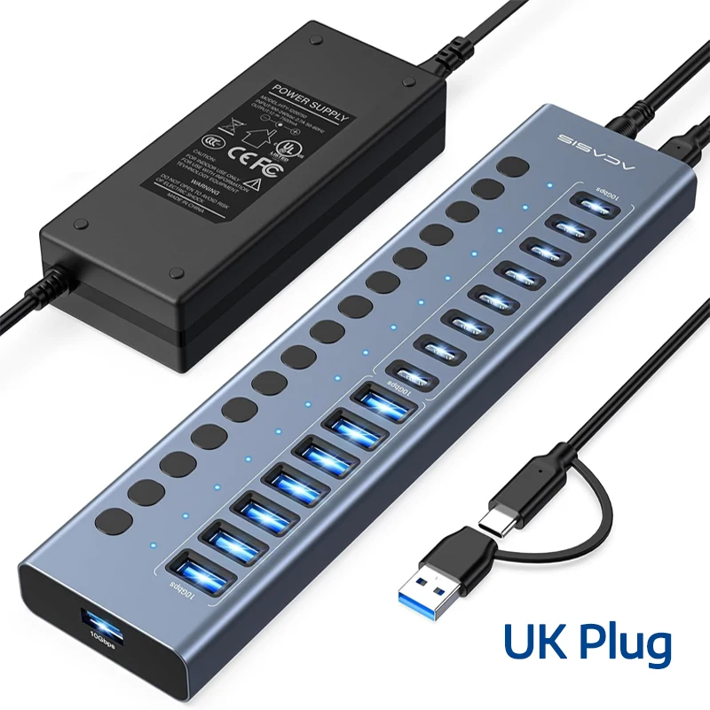 ACASIS USB 3.2 Gen2 10Gbps HUB Splitter Socket met USB-C USB-A 16-poorts aansluitingen, aan/uit-schakelaar, dock, stroomstrip adapter