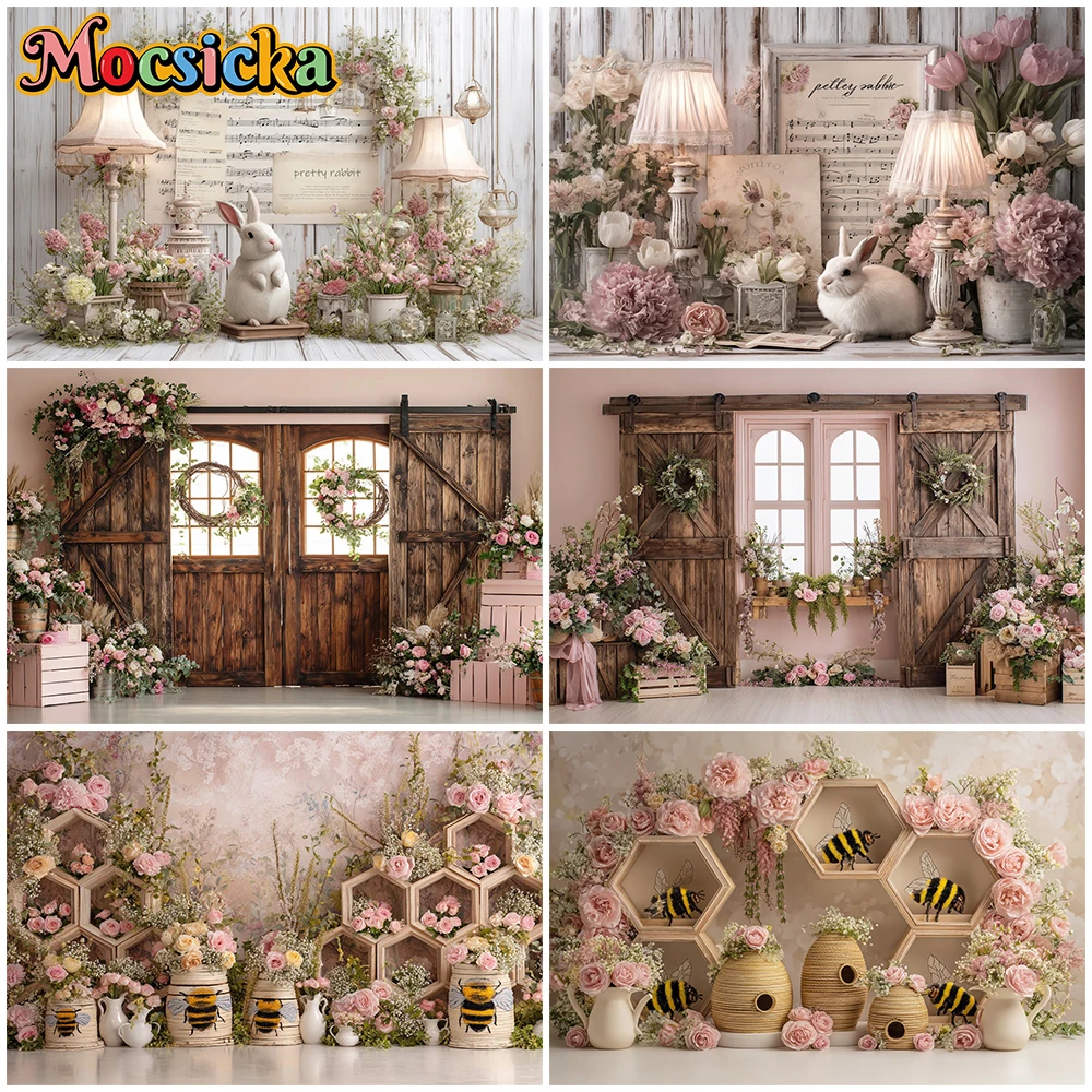 

Mocsicka Easter Photography Backdrop Pink Flower Rose Bee Rabbit Wooden Door Decorations Baby Birthday Party Festival Background