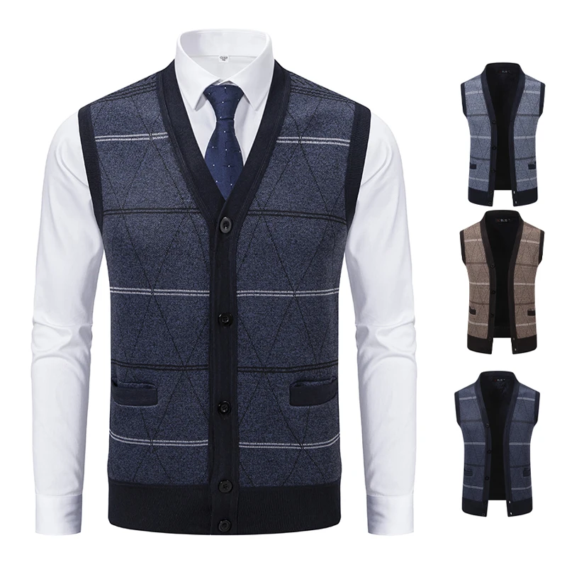 

Классический мужской вязаный жилет-кардиган без рукавов с V-образным вырезом, на пуговицах спереди