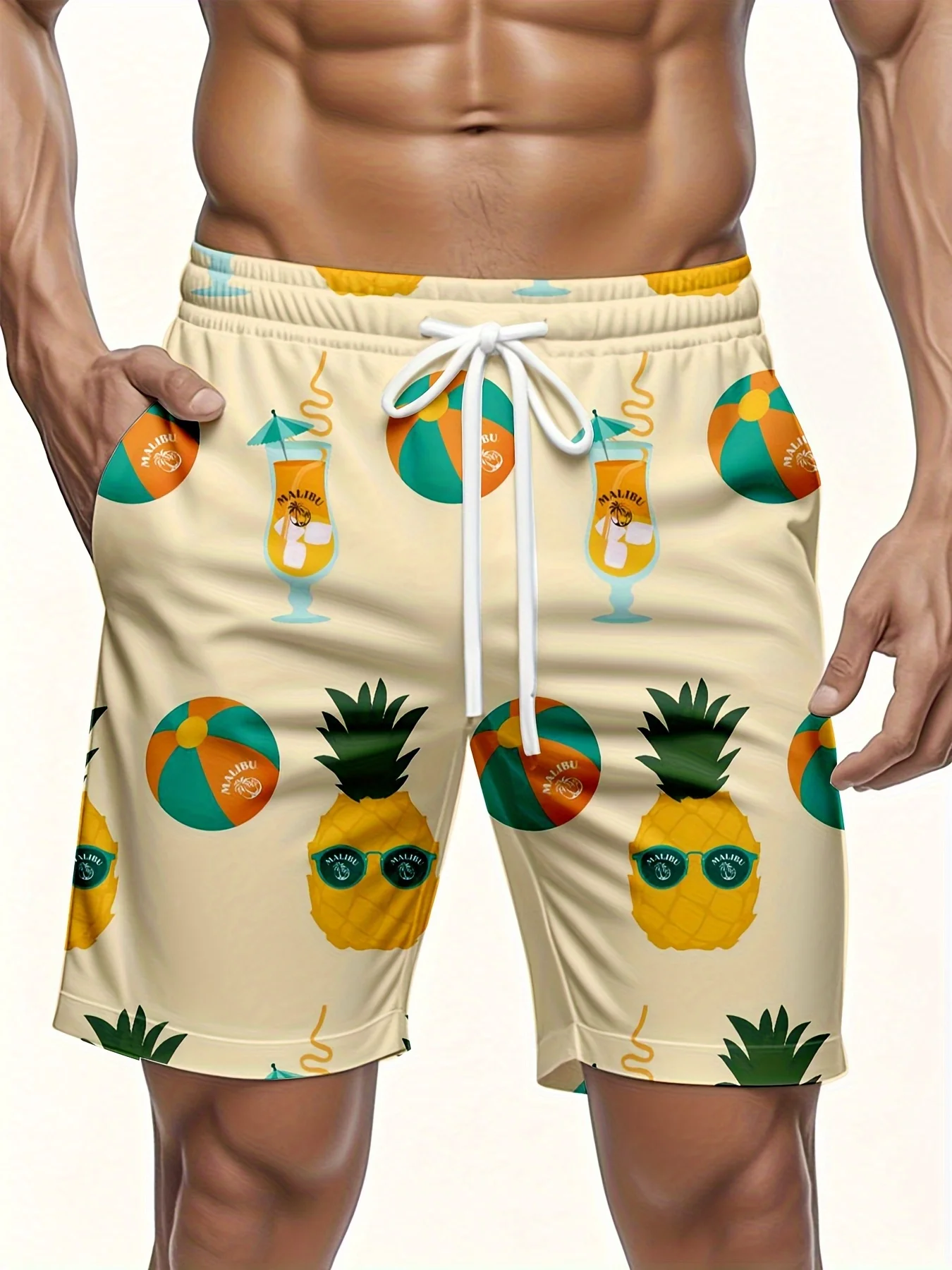 

Men'S Tropical Pineapple & Coconut Print Casual Shorts - Lightweight, Elastic Drawstring Waist, Side Design, Regular Fit