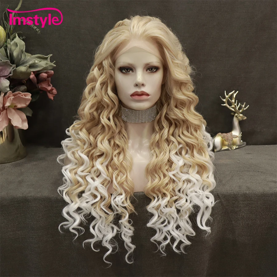 Imstyle Ombre Blonde Wig Curly Synthetic Lace Front Wig Long Wigs Heat Resistant Fiber Two Tone Drag Queen Wig