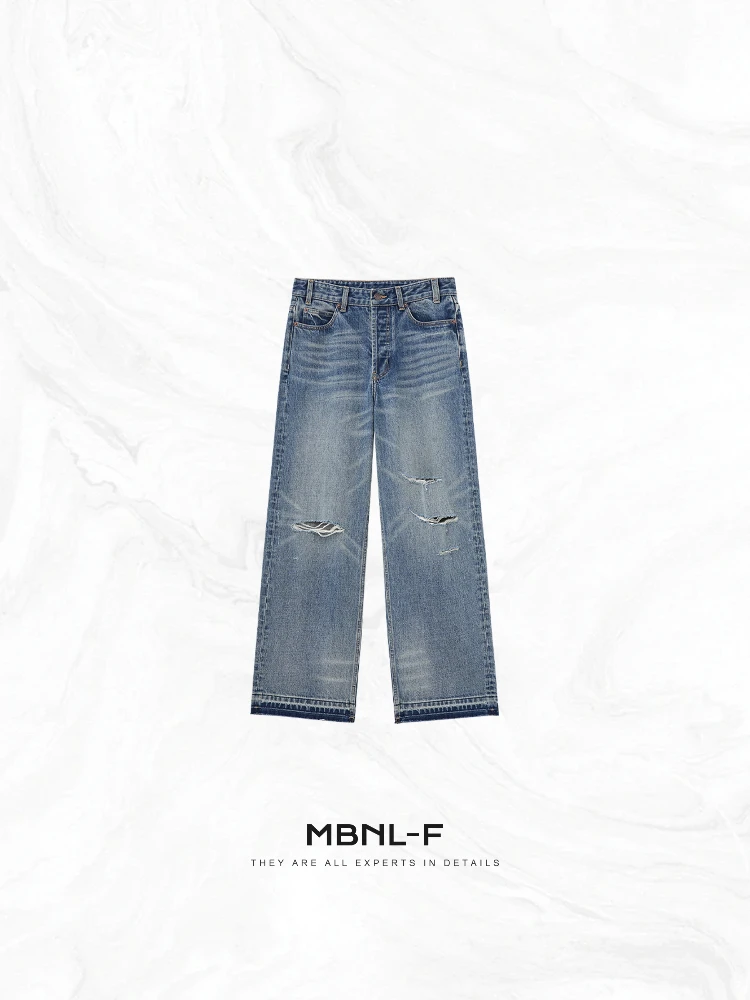 

Джинсы Mbnlf High Street синие из чистого хлопка с эффектом потертости, качественная текстура, весна 2025, женская мода