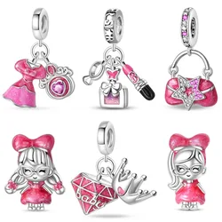 New product Silver Color Pink Princess-Ponytail Girl Pendant Fit Pan Bracelet DIY Charm For Women Jewelry Fashion Gift Hot