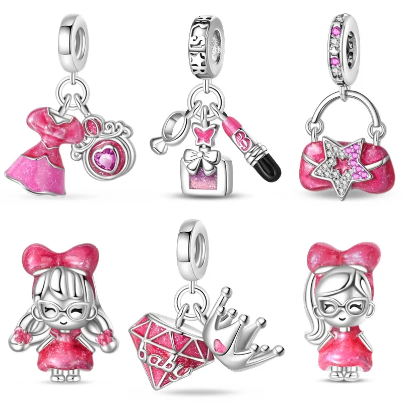New product Silver Color Pink Princess-Ponytail Girl Pendant Fit Pan Bracelet DIY Charm For Women Jewelry Fashion Gift Hot