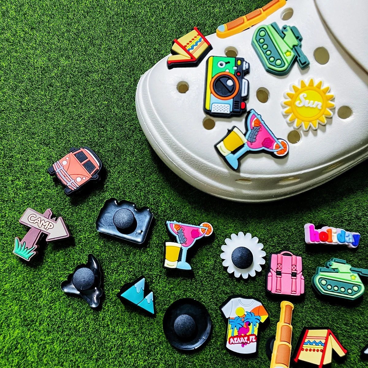 30Pcs Camping Shoe Charms for Adult Women Men,Cartoon Shoe Accessories for Bracelet Wristband Sandals Party Favors Gifts