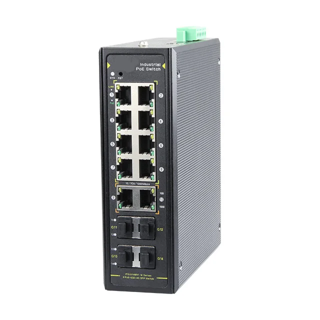 Gigabit 14 Port L2+ Managed Industrial PoE Switch 8 PoE port+2 RJ45+4 SFP(VTS) External Battery DC44-57V VLAN ERPS DIN Rail