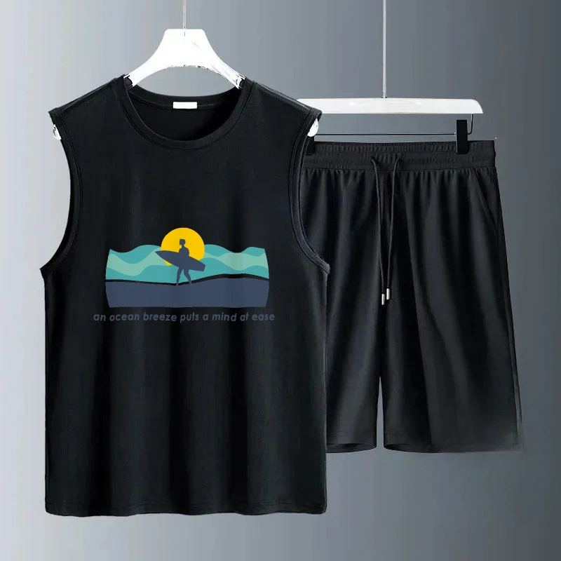 

2025 Men's Breathable Sleeveless Summer Take skateboard prints by the sea Set Trendy Casual Wear for Gym Running suits tracksuit