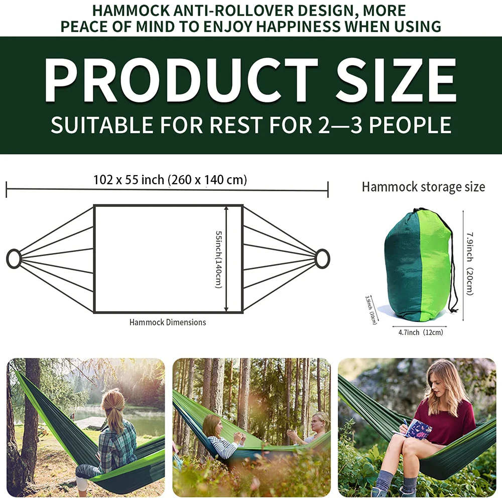 Outdoor Double Hammock Camping Survival Hanging Bed Portable Parachute Garden Patio Swing Sleeping Bed With 2 Strap 2 Carabiners