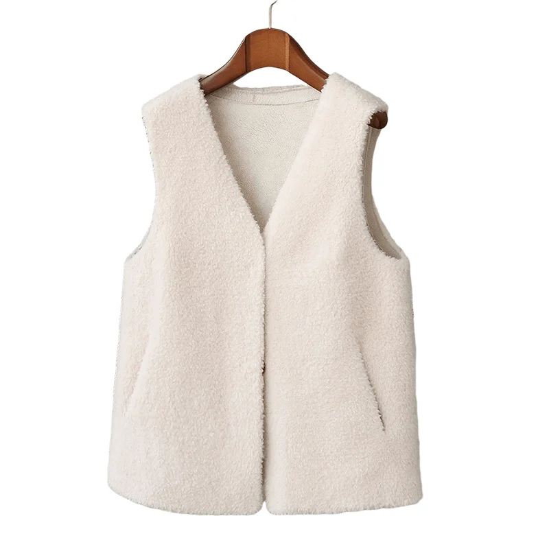 2022 Autumn Winter Women\'s V-neck Warm Natural Lamb Fur Vest Tank Sheep Fur Sleeveless Tops Female Real Sheep Fur Waistcoat