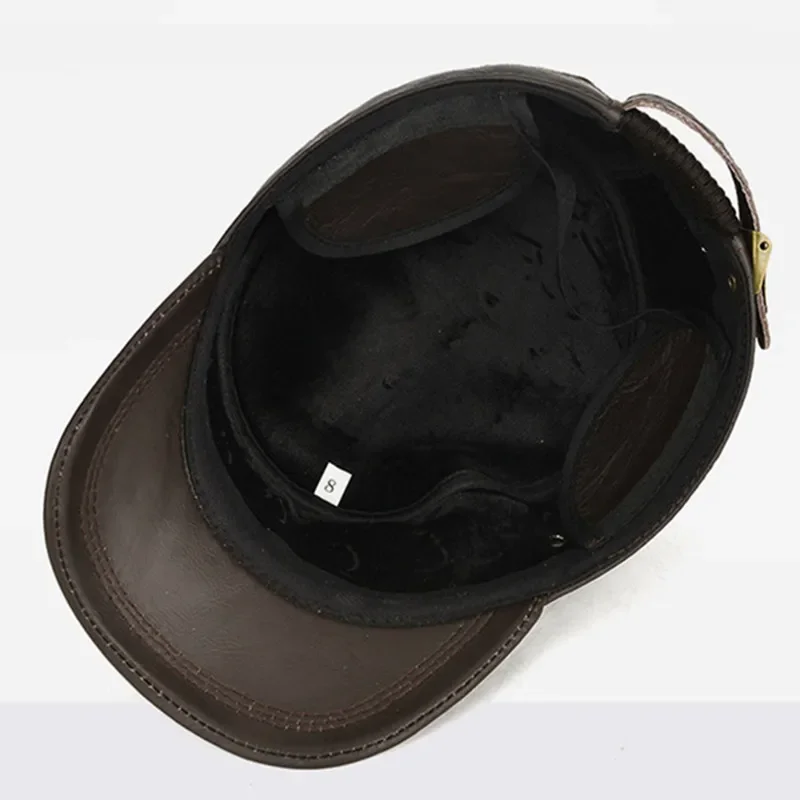 ชายวัยกลางคนของแท้หนังหมวกแบนหมวกทหารหมวก Cowhide ธรรมชาติหมวกปรับขนาดหมวกฤดูหนาวที่อบอุ่น