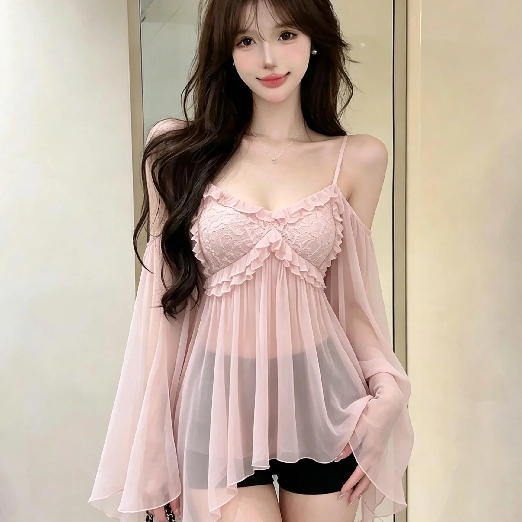 Pure Desire Sexy Lace Shoulder Bared Strap Top Women's New Autumn 2026 Bell Sleeve Chiffon Blouse V-neck Loose Fit Outerwear