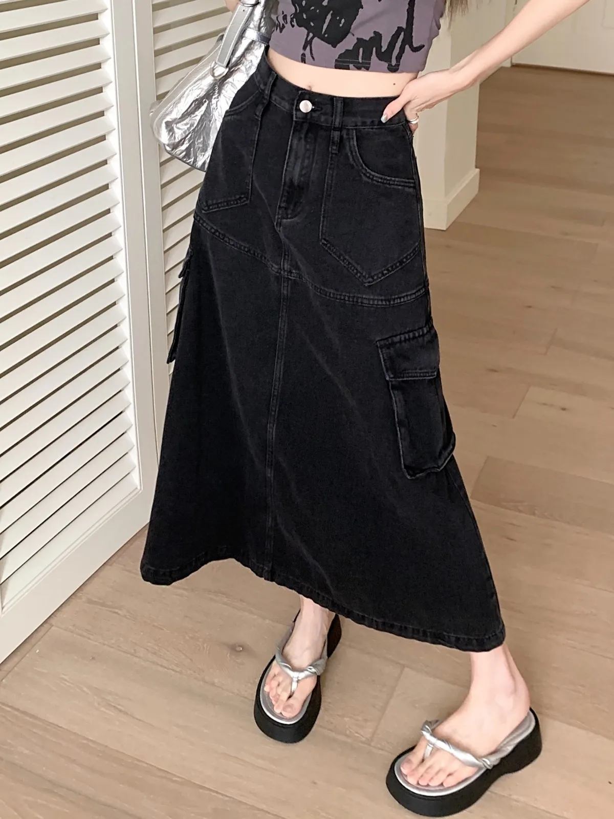 ZHISILAO A-line Long Denim Skirt for Women Vintage Y2K Pocket High Waist Cargo Skirt Autumn Summer 2023