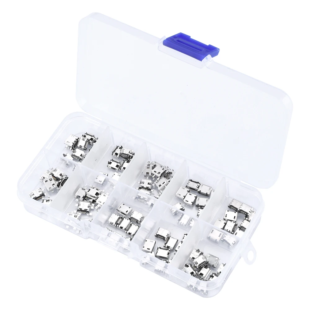 50/100 Pcs/box 10 Models Micro USB Female Plug Connector Socket Jack USB Connectors Set Repair Replacement Adapter Assortment