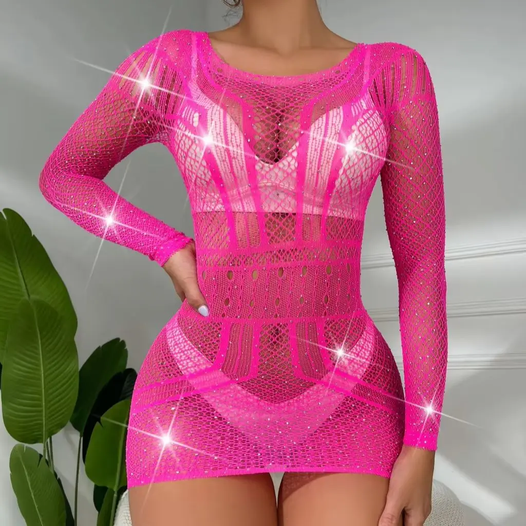 섹시한 긴팔 반짝이는 라인스톤 힙 스커트 원피스 섹시 네트수트 크리스탈 드레스 다이아몬드 바디스타킹 란제리