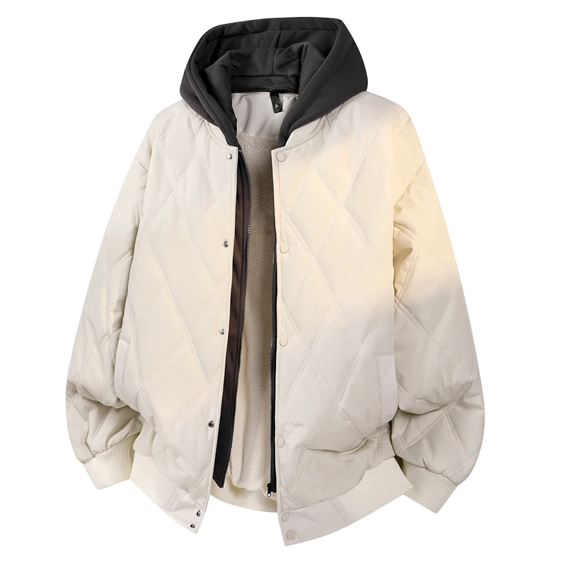 

High End Fashion High Street Diamond Shaped Fake Two-piece Hooded Cotton Jacket with Warm and Plush Anti Cold Cotton Coat Jacket