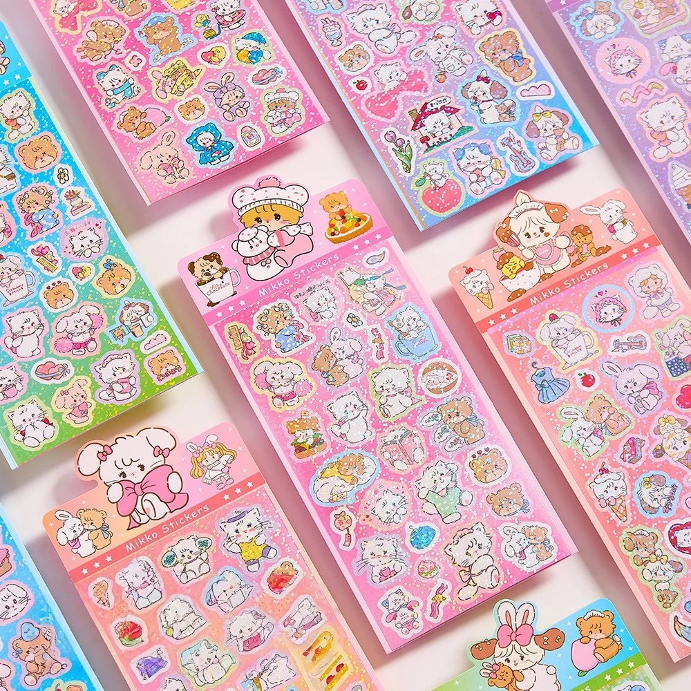 Holographic PET Sticker Pack for Journals and Fan Cards Waterproof Cute Designs Pet Rabbit Bear Kitten Cat Puppy