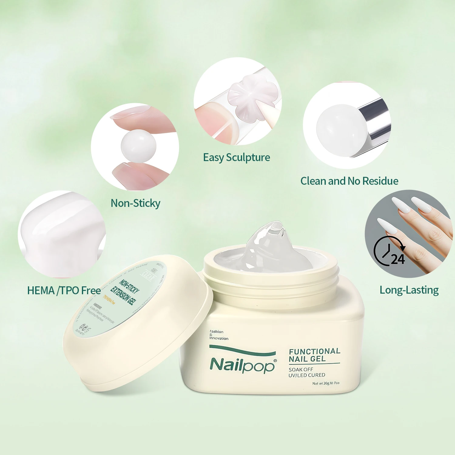 ネイルポップ HEMA/TPOフリー ノンスティッキー エクステンションジェル UV/LED硬化 DIYネイルアート接着剤 ラインストーンやパターン用 安全で耐久性のある 20g