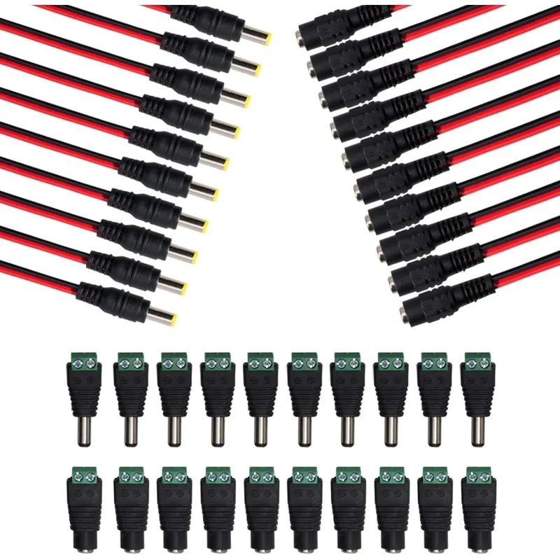 10Pairs DC Power Pigtail Cable 12V5A Male&Female+DC Power Jack Plug Adapter Barrel Connector for CCTV Home Security Surveillance