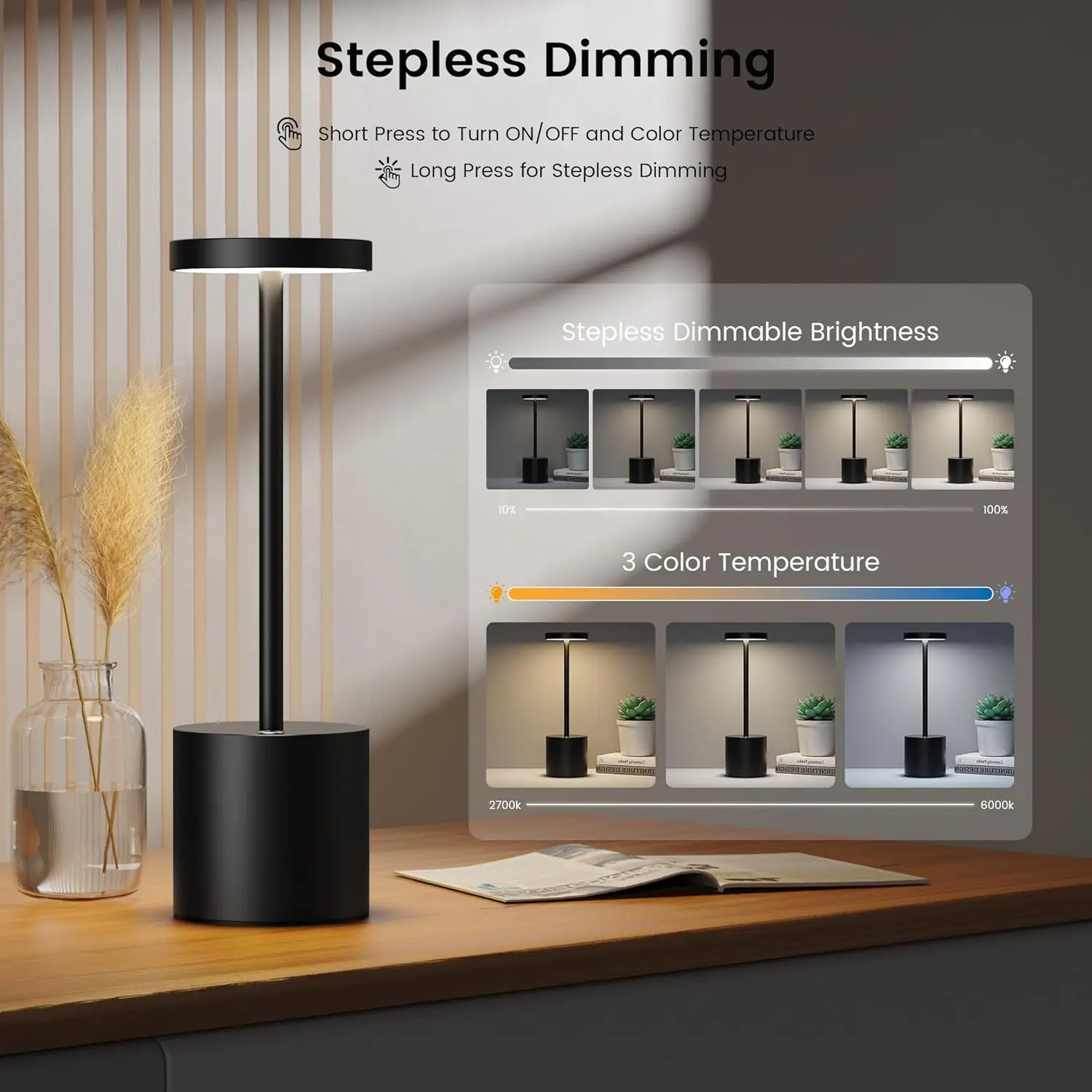 Wiederaufladbare LED-Tischlampe, 5000-mAh-Akku, dimmbares tragbares Licht für den Innen- und Außenbereich