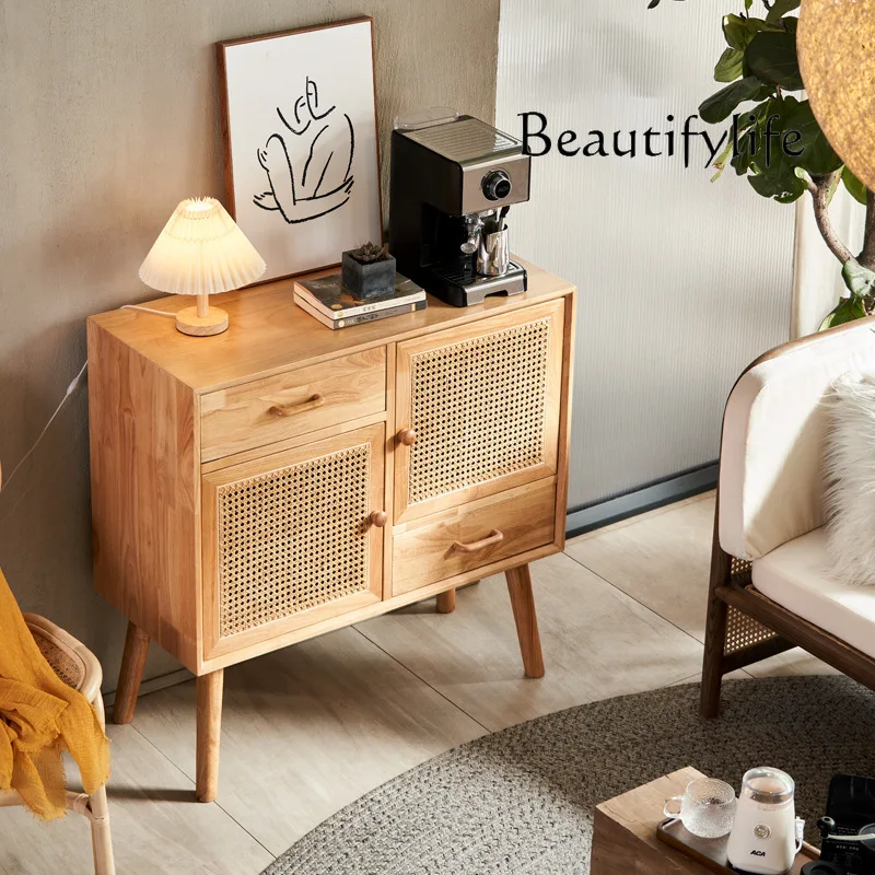 Nordic solid wood dining side cabinet Hotel restaurant Multifunctional handmade rattan tea cabinet Home living room Minimalist l
