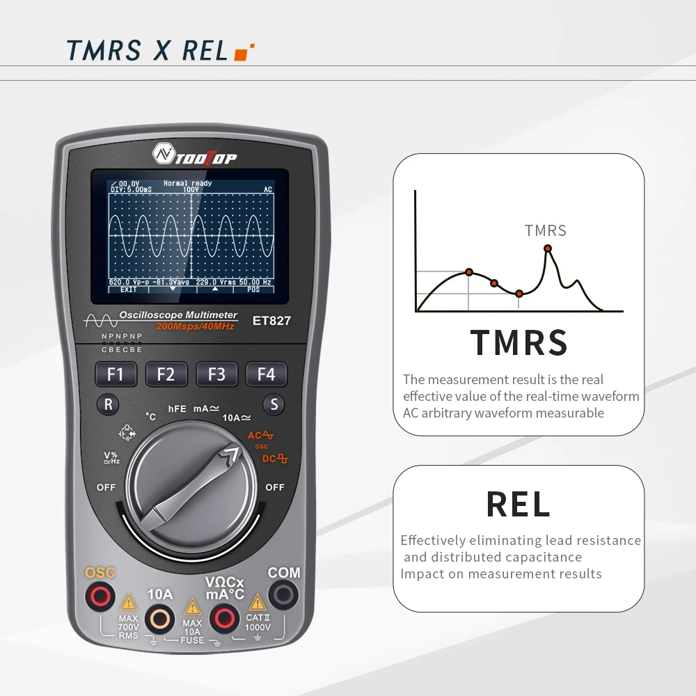 TOOLTOP ET827 Handheld 40MHz Oscilloscope Multimeter 2in1 Transistor HFE Temp Frequency Capacitance Ohm Voltage Current Test