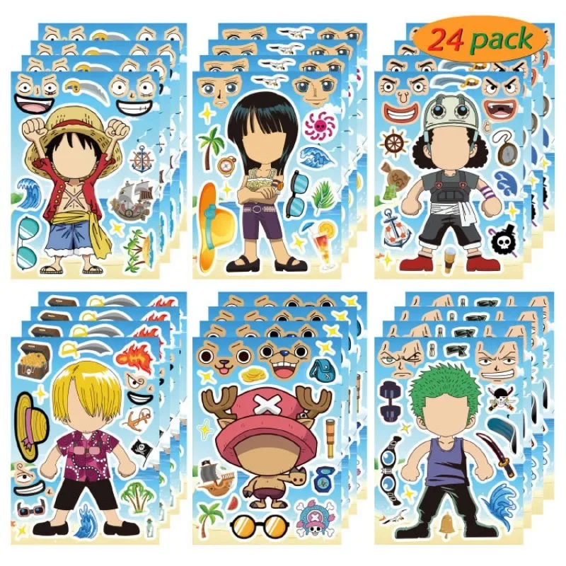 6pcs One Piece Luffy Children DIY Puzzle Sticker Funny Games Make-a-Face Assemble Jigsaw Sticker DIY Book Kids Girls Toys Gift