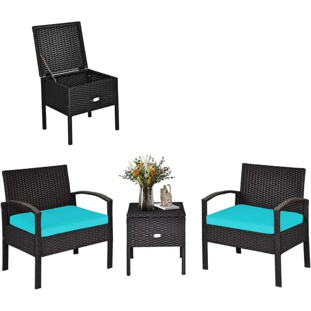 Patio Wicker Conversation Set, Outdoor Rattan Furniture with Washable Thick Cushion & Coffee Table w/Storage Space, Patio Furnit