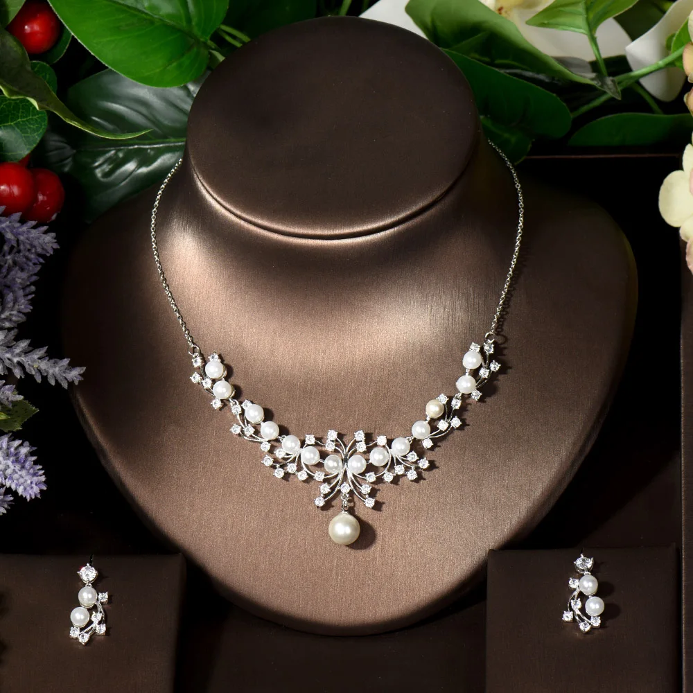 HIBRIDE Pearl Costume Women Fashion Jewelry Sets White CZ Earrings Pendant Necklace Luxury Bridal Wedding Jewelry N-1261