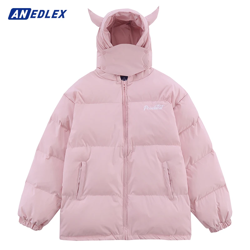 Hip Hop Men Parka Jacket Harajuku Streetwear Little Devil Designer Hooded Padded Jacket Coat Winter Cotton Thick Warm Outwear