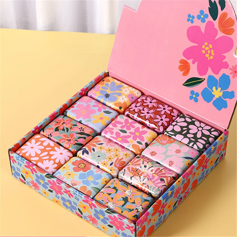 6 Pieces Random Color Rectangle Tin Box Document Invoice Sticker Headset Hand Account Card Storage Box Floral Pattern Candy Box