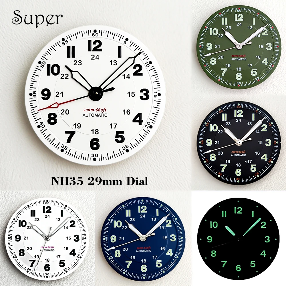 SUPER NH35 Pilot Dial 29mm Dial Green Luminous Custom Logo Dial Fit for NH35 NH36 Movement Men's NH35 Pilot Watch Modified Parts