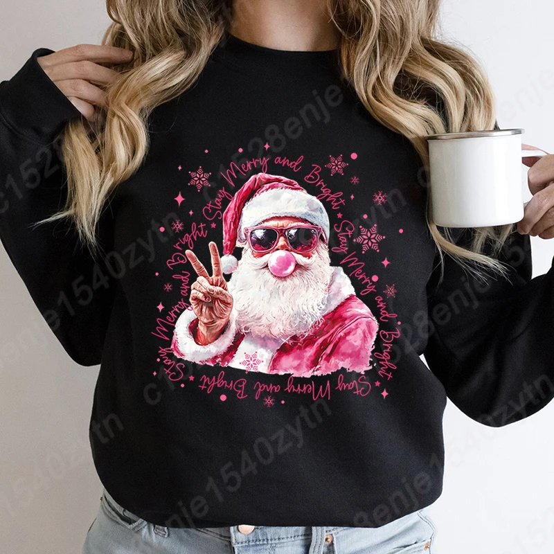 

Christmas Santa Merry And Bright Print Round Neck Pullovers Casual Outdoor Sweatshirt Women Long Sleeve Hoodless Sweatshirt Tops