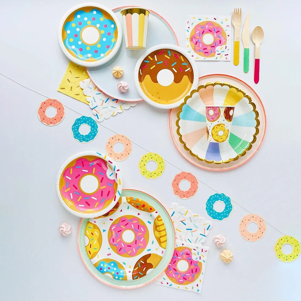 1Set Donuts Disposable Tableware Paper Plates Cups Candy Boxes for Girl's Happy Birthday Donut Party Decoration DIY Party Supply