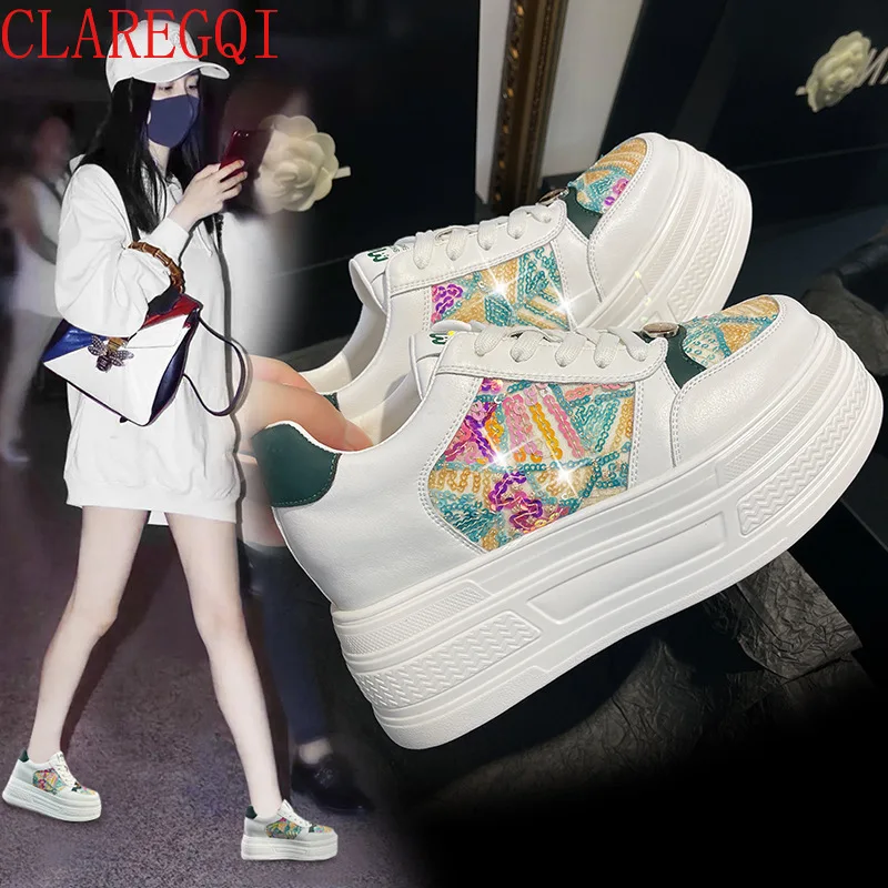 Height increasing white shoes spring new 9cm sponge sole breathable board shoes Korean version genuine leather meshwomen's shoes