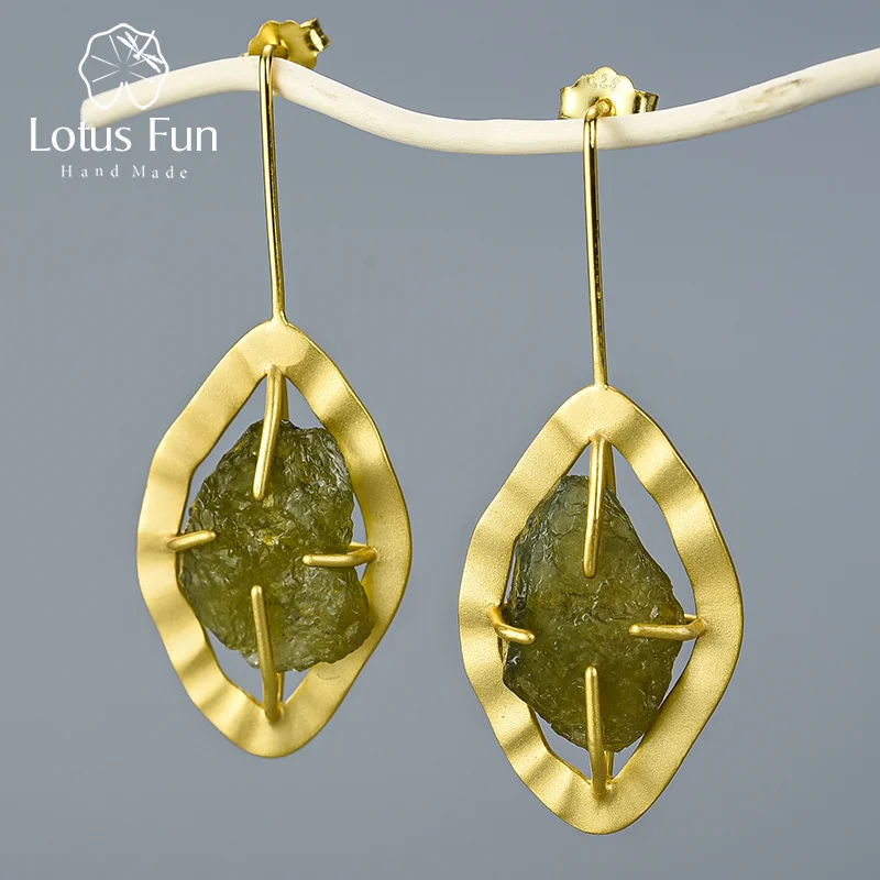 Lotus Fun Natural Raw Stone Tourmaline Drop Earrings Real 925 Sterling Silver 18K Gold Earrings for Women Handmade Fine Jewelry