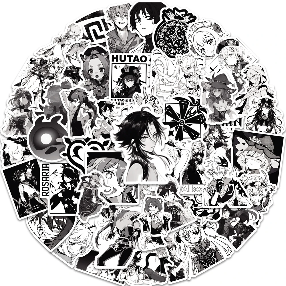 10/30/50pcs Black White Genshin Impact Game Character Stickers Cool Waterproof Decals DIY Luggage Phone Cute Anime Sticker Gift