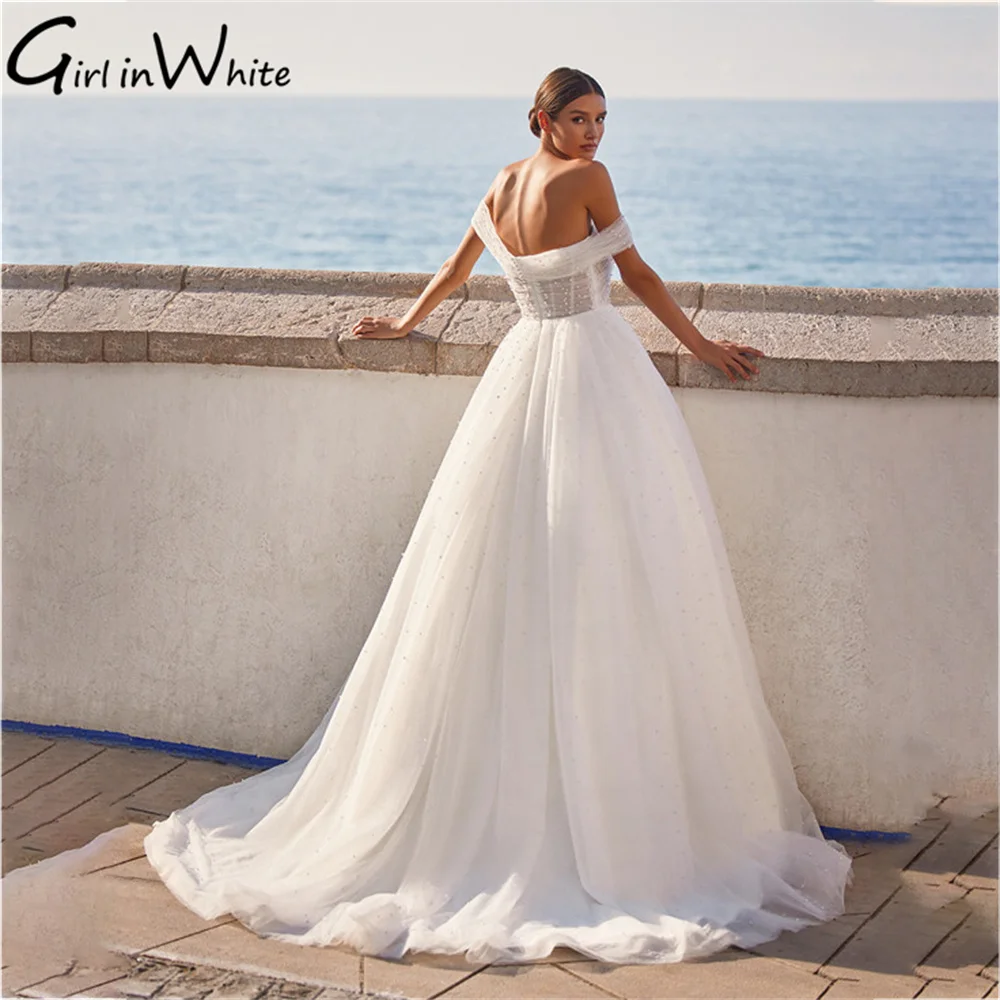 Strand Parels Een Lijn Trouwjurk Sweetheart Wedding Gown Hof Trein Backless Tulle Wedding Bruid Gewaad Vestidos De Novia