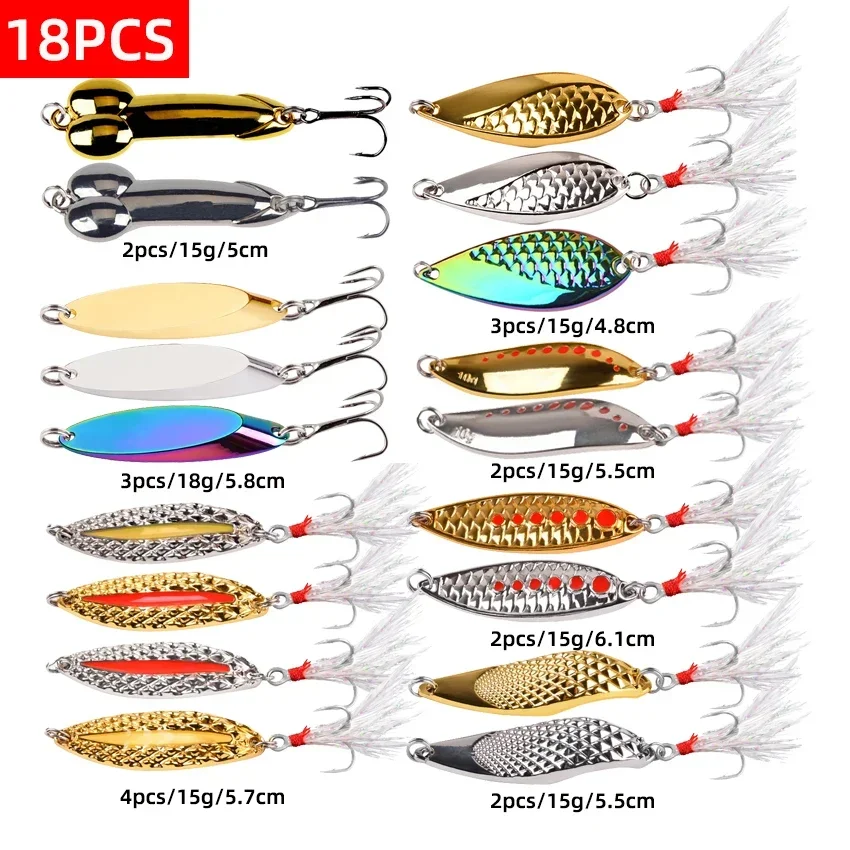 Metal Fishing Lure Set, Hard Bait, Saltwater Spoon, Artificial Fishing Crankbait Wobblers, Spinner, Sinking Spoon, Tackle, 18Pcs