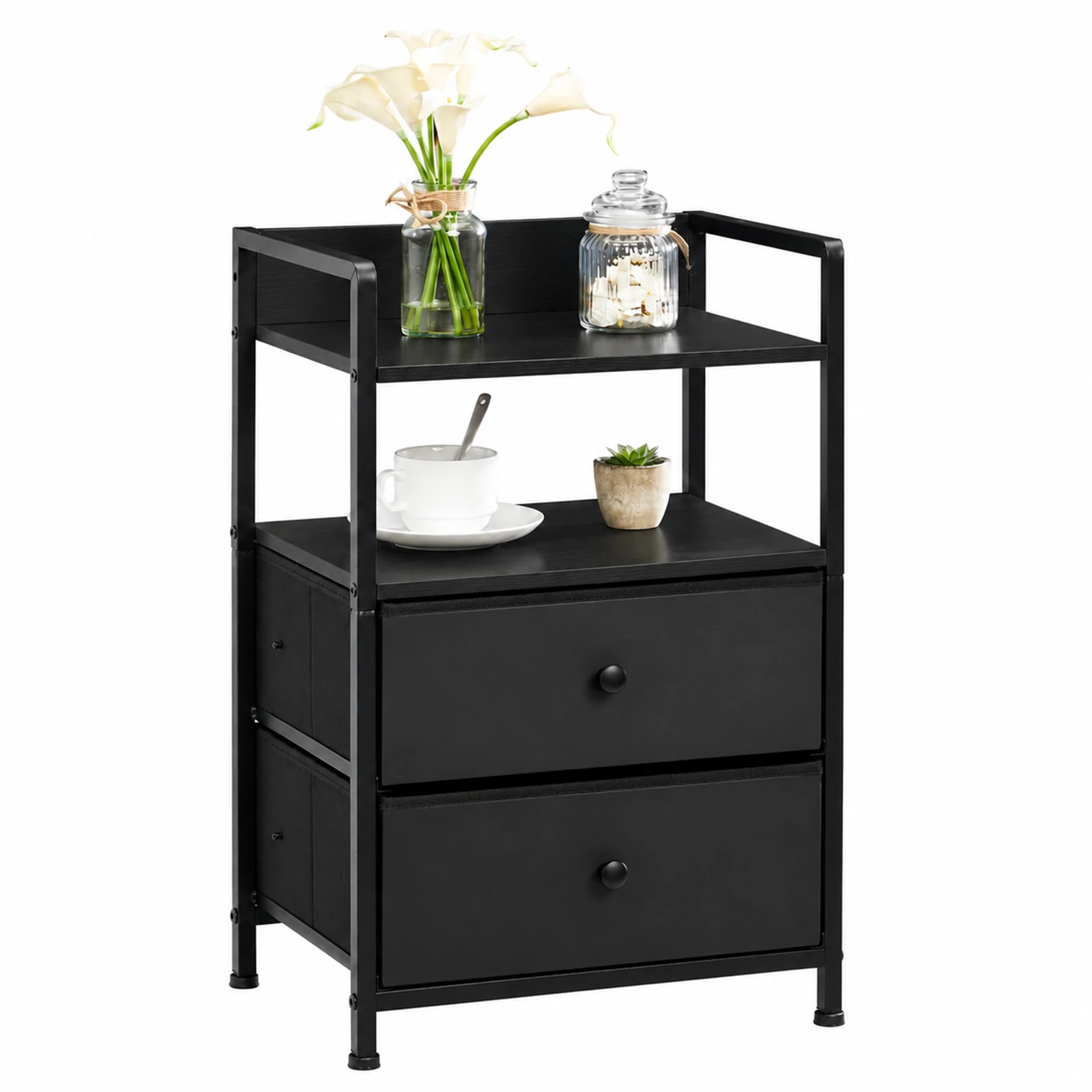 Fabric Nightstand with 2 Drawers, Small Bedside Table for Bedroom with Metal Frame