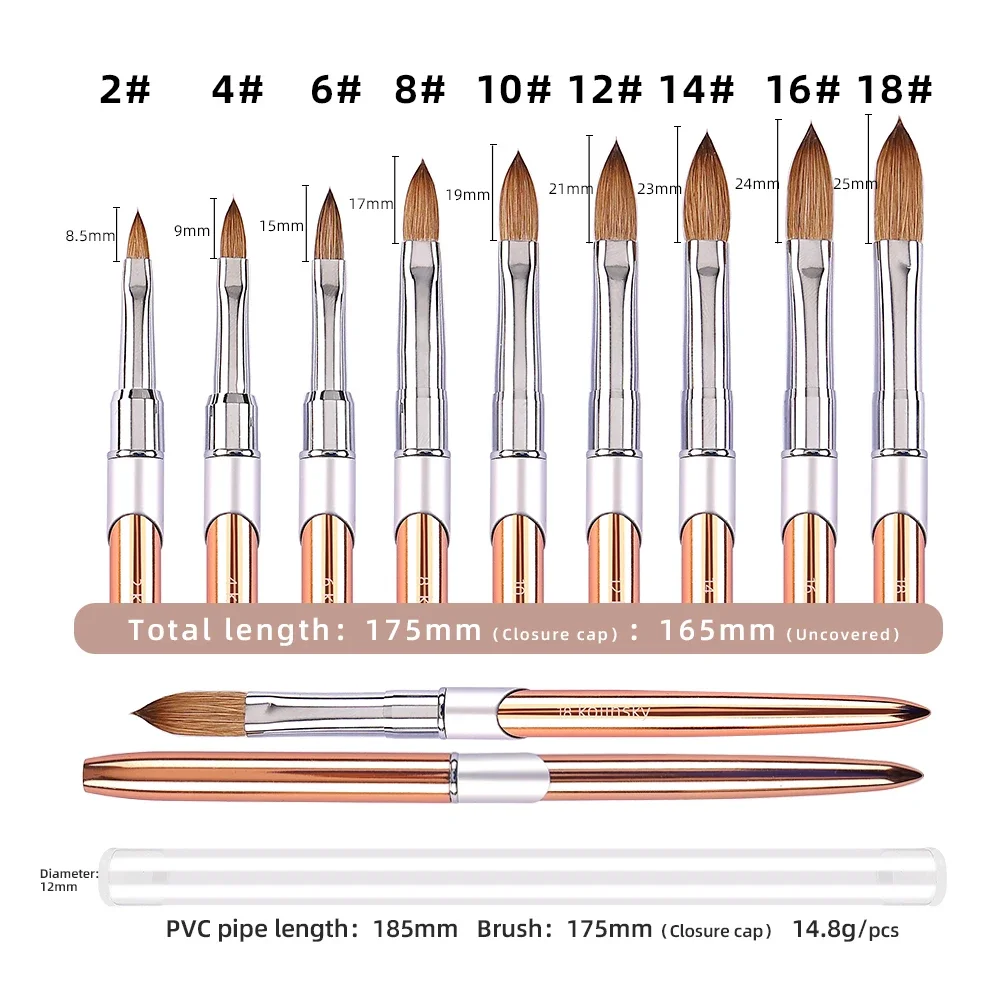 Kolinsky – brosse à ongles en acrylique, 100% or Rose pur, ovale, serti, poignée en métal, pour Salon de manucure, qualité supérieure